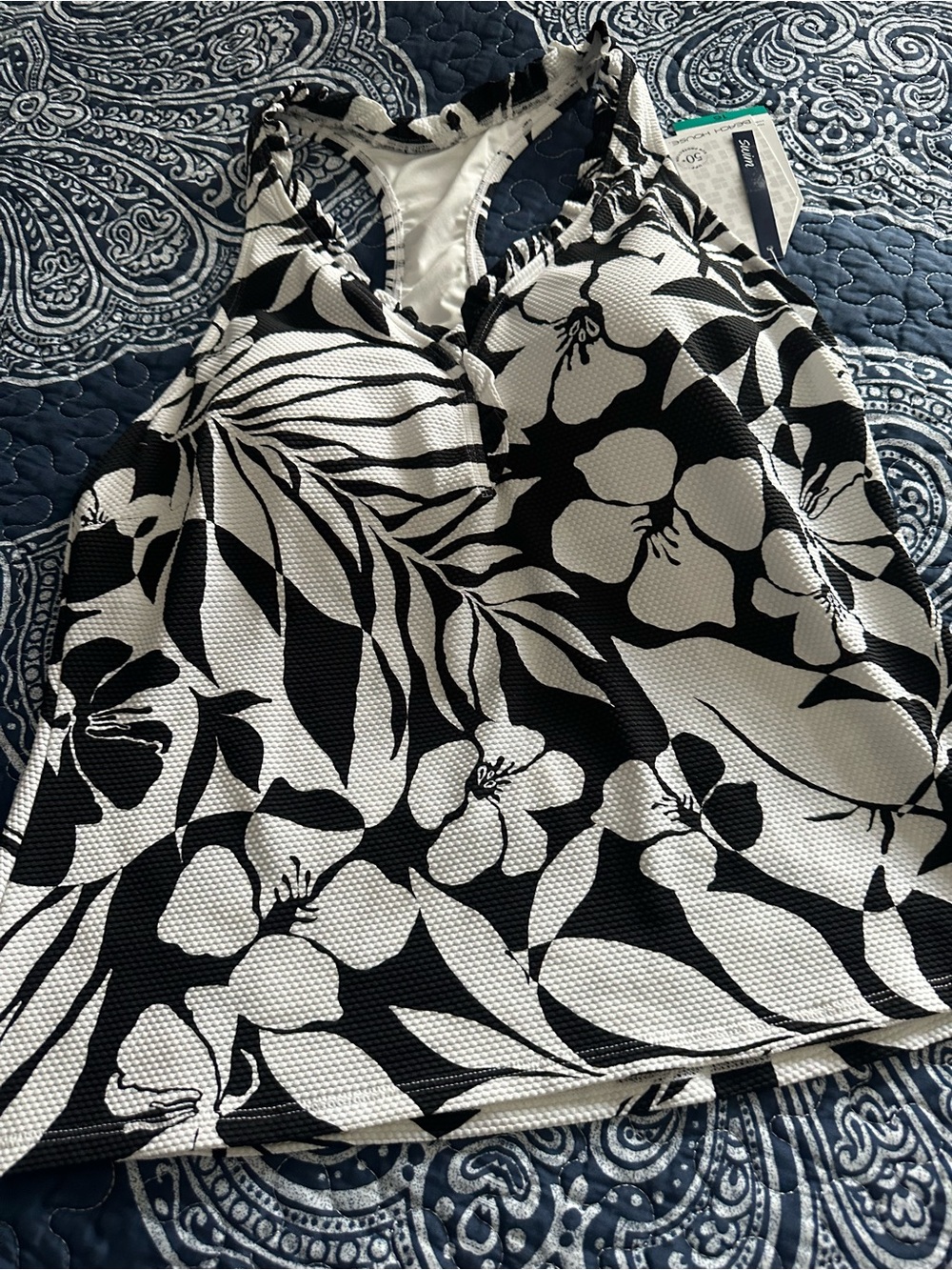 Womens Black & White Floral Swimsuit Top - Racerback  BEACHHOUSE Swim Sport Styl